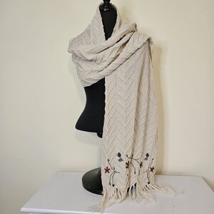 Peruvian Link Alpaca Embroidered Cream Scarf with Fringe